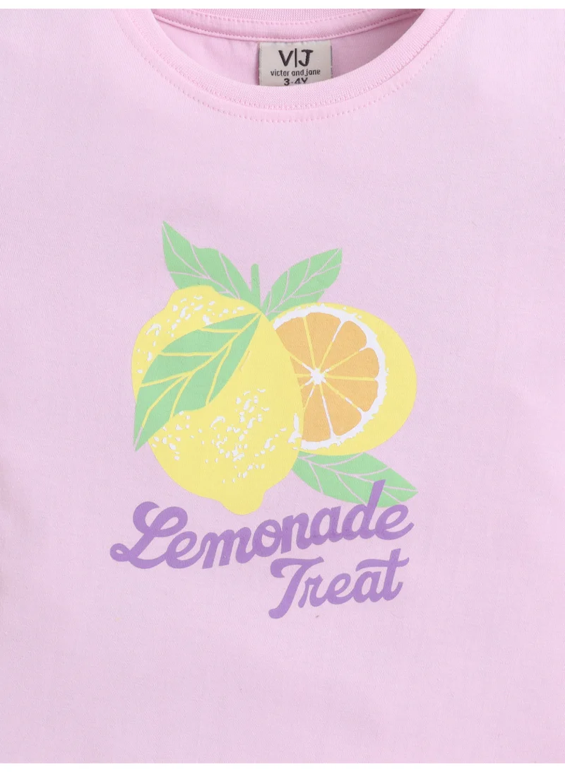 Victor And Jane  Girls Lemonade Print Cotton Pajama Set – T-Shirt & Full Pants Nightwear for Women | Best Price UAE